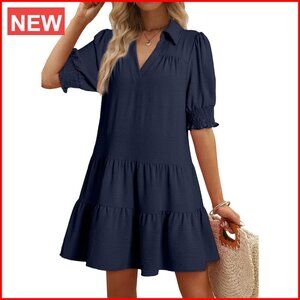 V-Neck A-Line Midi Dress with Pleated Design, Relaxed Fit, Polyester